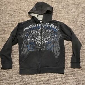 VTG MMA Elite Men's Zip Up Hoodie Black Graphic Crosses Distressed Print Size XL